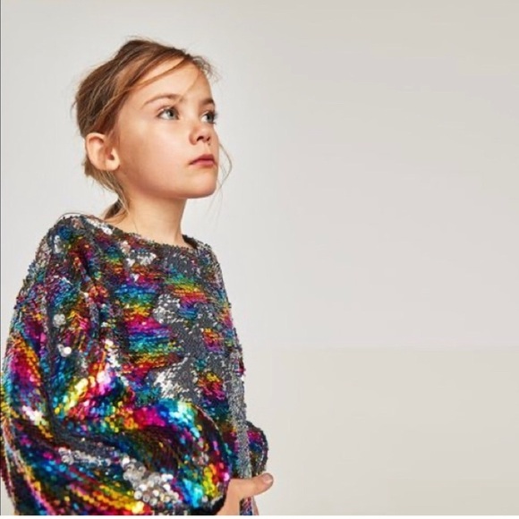 Zara girls rainbow/sliver sequence dress w/lantern sleeves & belt size 13/14 - Picture 7 of 11
